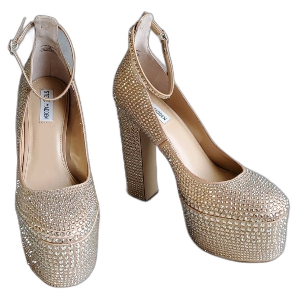 Steve Madden Rhinestone Platform Pump in Nude Champagne Size 8.5 Excellent - Picture 2 of 6